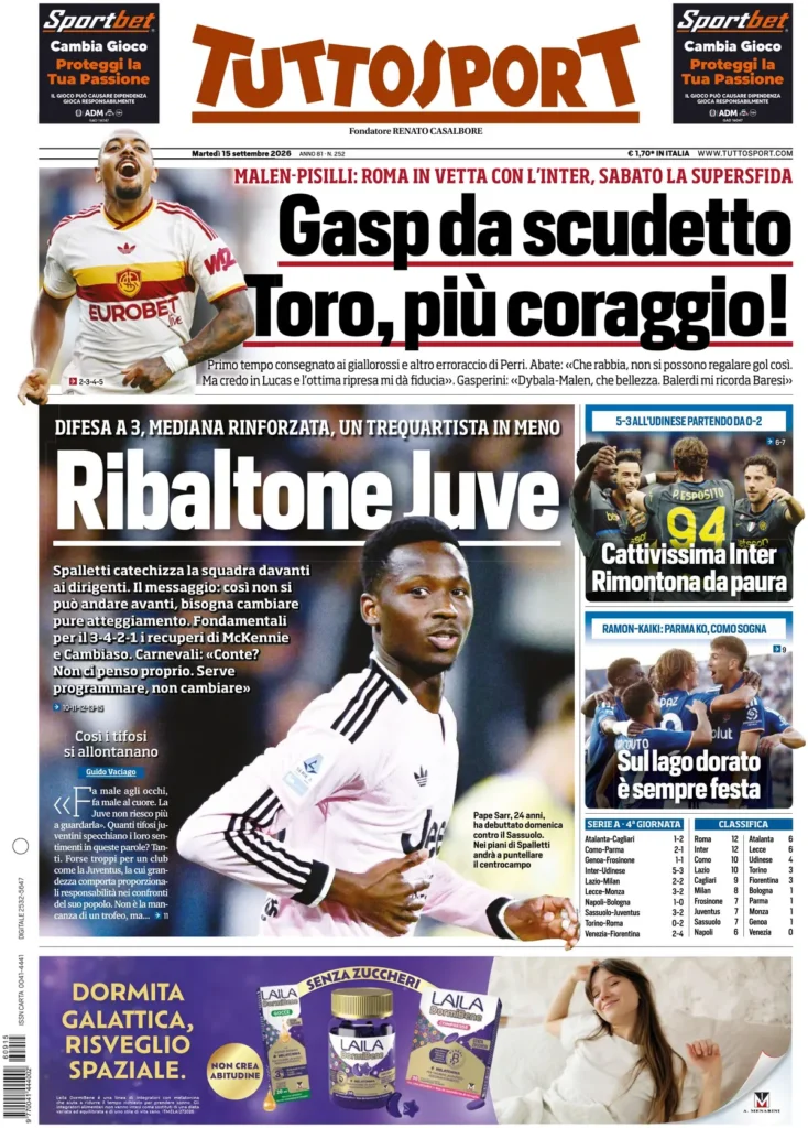 Le prime pagine dei principali quotidiani sportivi – 15 settembre 2 tuttosport 020803qbvev2o