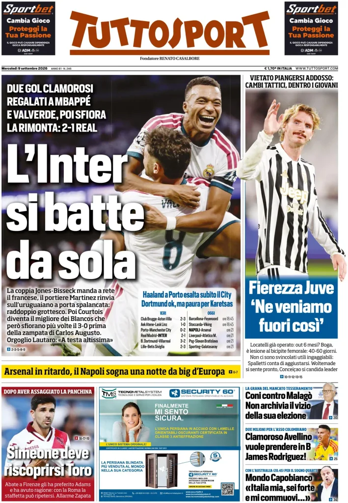 Le prime pagine dei principali quotidiani sportivi – 9 settembre 29 tuttosport 020845jed5241