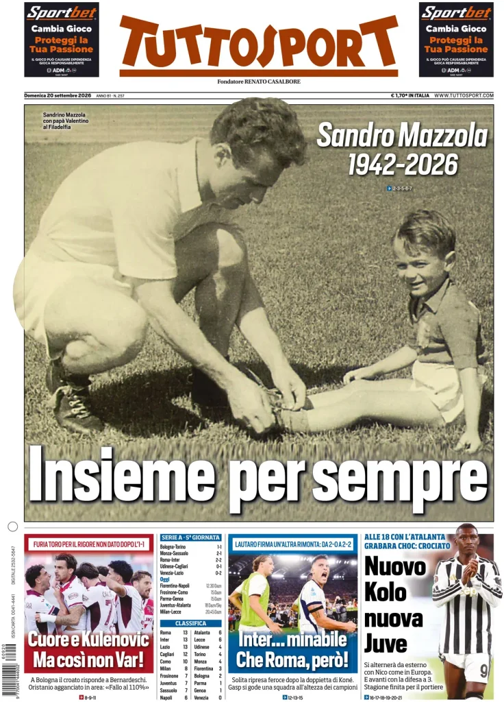 Rassegna stampa Sampdoria: prime pagine quotidiani sportivi - 20 settembre 2026 2 tuttosport 021211mng2x5f