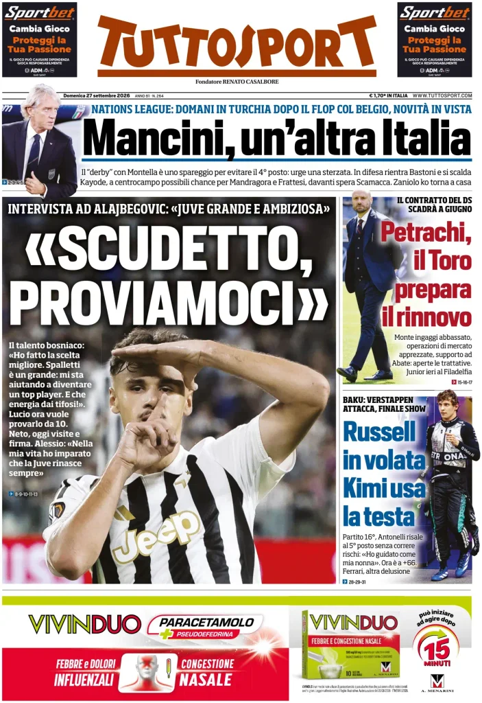 Rassegna stampa Sampdoria: prime pagine quotidiani sportivi - 27 settembre 2026 2 tuttosport 02122682dcgcq