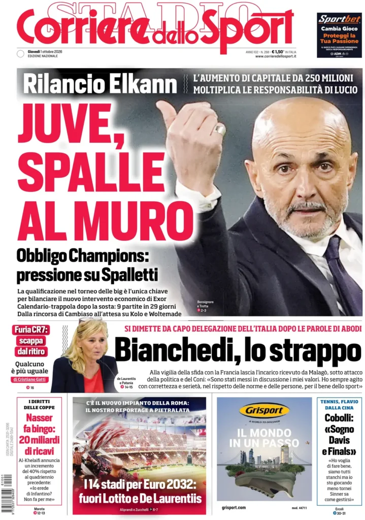 Le prime pagine dei principali quotidiani sportivi – 1 ottobre 3 corriere dello sport 0203102ime997