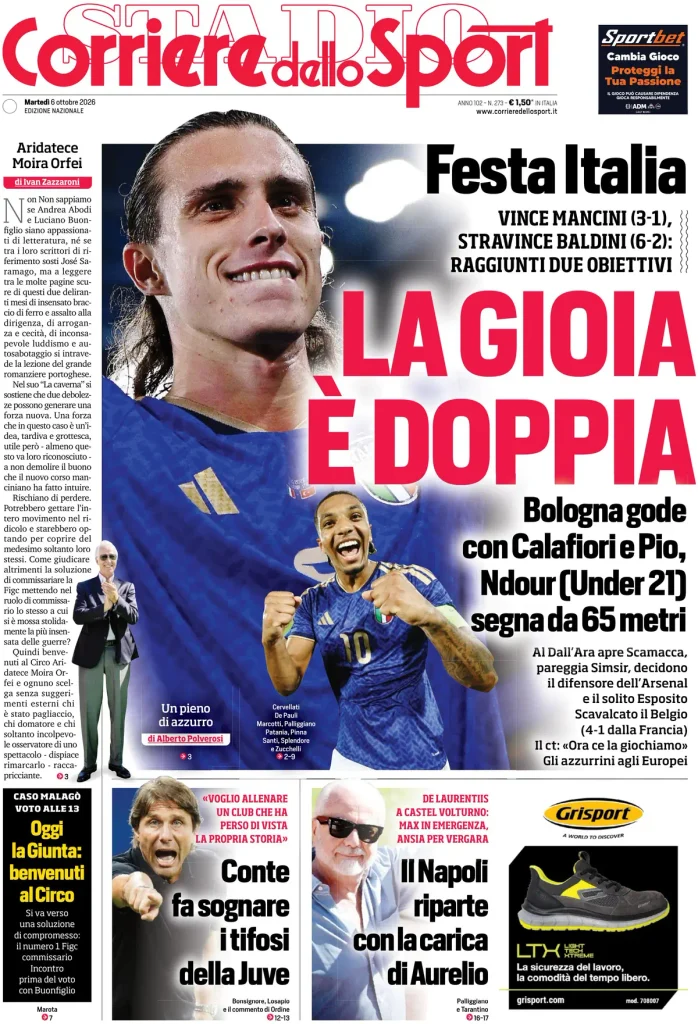 Rassegna stampa Sampdoria: prime pagine quotidiani sportivi - 6 ottobre 2026 3 corriere dello sport 020528gtfdgbi