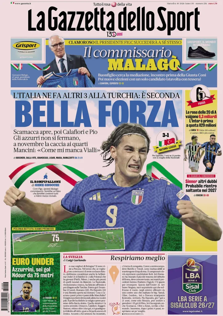 Rassegna stampa Sampdoria: prime pagine quotidiani sportivi - 6 ottobre 2026 4 la gazzetta dello sport 0318026xmnvr3