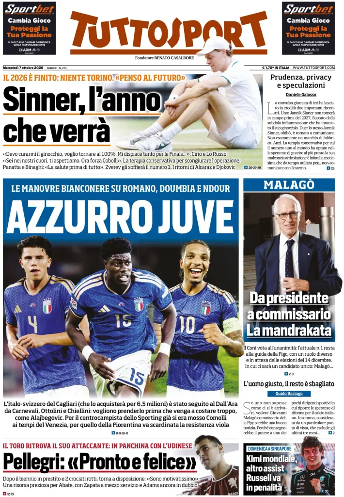 Le prime pagine dei principali quotidiani sportivi – 7 ottobre 4 Tuttosport 0204411pyabh2
